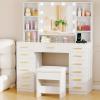 imageANWBROAD Vanity Desk with Mirror and Lights White Makeup Vanity Table Set with Glass Top 13 Drawers 7 Open Shelves 3 Colors Lights Make up Desk with Stool Power Outlet for Bedroom Women UBDT18W