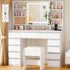imageANWBROAD 43 Large Vanity Desk with Sliding Mirror and Lights Makeup Vanity Table with Jewelry Organizer11 Drawers6 Shelves 3Color Lights Makeup Desk with Stool and Power Outlet for Girls UBDT98X