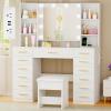 imageANWBROAD Vanity Desk with Mirror and Lights White Makeup Vanity Table Set with Glass Top 13 Drawers 7 Open Shelves 3 Colors Lights Make up Desk with Stool Power Outlet for Bedroom Women UBDT18W
