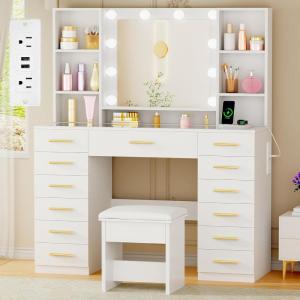 imageANWBROAD Vanity Desk with Mirror and Lights White Makeup Vanity Table Set with Glass Top 13 Drawers 7 Open Shelves 3 Colors Lights Make up Desk with Stool Power Outlet for Bedroom Women UBDT18W