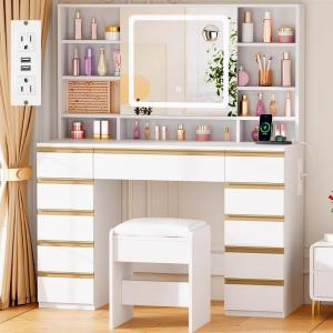 imageANWBROAD Vanity Desk with Sliding Mirror and LightsLarge Makeup Vanity Set with Jewelry Storage11 Drawers6 Shelves 3 Color Lights White Dressing Table with Stool Power Outlet for Women UBDT98W