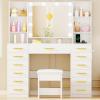 imageANWBROAD Large Vanity Desk with Mirror and Lights White Makeup Vanity Desk with Glass Top13 Drawers7 Open Shelves 3 Colors Dressing Table with Stool Power Outlet for Bedroom Women UBDT18XGolden