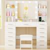 imageANWBROAD Large Vanity Desk with Mirror and Lights White Makeup Vanity Desk with Glass Top13 Drawers7 Open Shelves 3 Colors Dressing Table with Stool Power Outlet for Bedroom Women UBDT18XSilver