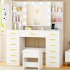 imageANWBROAD Large Vanity Desk with Mirror and Lights White Makeup Vanity Desk with Glass Top13 Drawers7 Open Shelves 3 Colors Dressing Table with Stool Power Outlet for Bedroom Women UBDT18XGolden