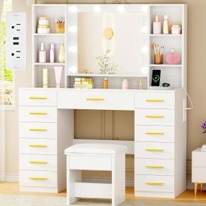 imageANWBROAD Large Vanity Desk with Mirror and Lights White Makeup Vanity Desk with Glass Top13 Drawers7 Open Shelves 3 Colors Dressing Table with Stool Power Outlet for Bedroom Women UBDT18XGolden