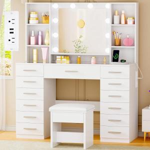 imageANWBROAD Large Vanity Desk with Mirror and Lights White Makeup Vanity Desk with Glass Top13 Drawers7 Open Shelves 3 Colors Dressing Table with Stool Power Outlet for Bedroom Women UBDT18XSilver